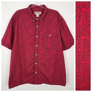 Duluth Trading BBQ Relaxed Fit Short Sleeve Button Shirt Geometric Red Size 2XL